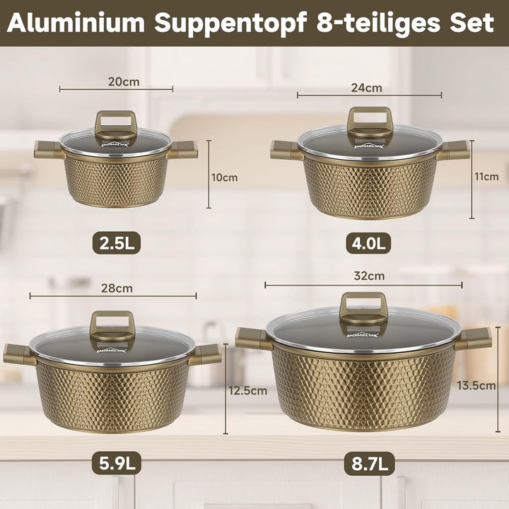 HOMELUX Topfset Induktion 8-teilig, 20/24/28/32cm Kochtopf Set mit Antihaftbeschichtet, Kochtöpfe In