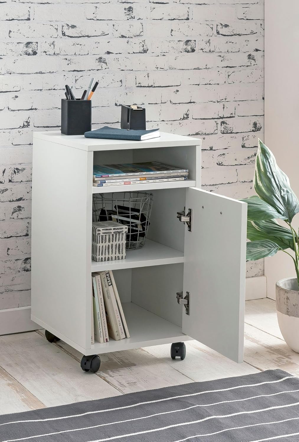 Rollcontainer Weiss 33x60x38cm Schubladenschrank | Schreibtisch-Container mit Tür & Ablage | Bürocon