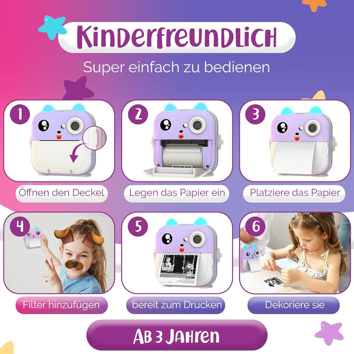 Sofortbildkamera Kinder – 1080P HD, 48 MP, 32-Gb-Karte, Bluetooth, Kostenlose App, 4 Rollen Druckpap