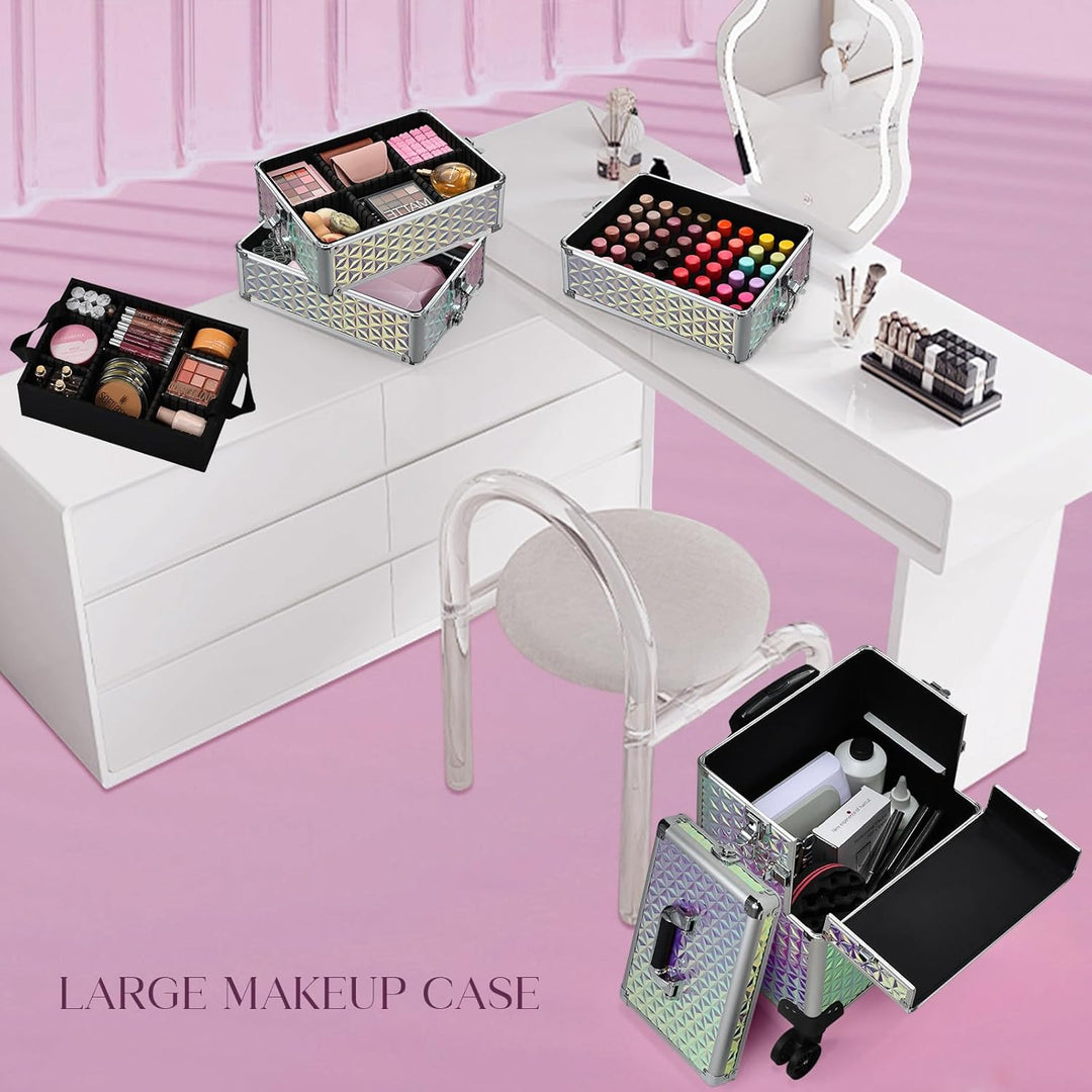 Kosmetik Trolley 5 in 1 Kosmetikkoffer Trolley Make up Koffer Gross Friseurkoffer mit Rollen Schmink