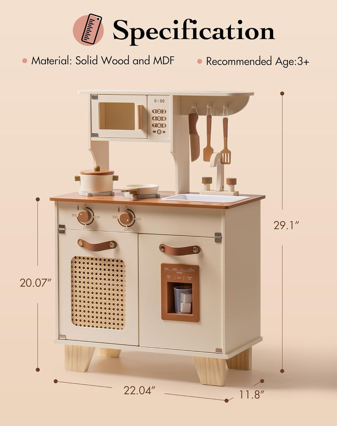 ROBUD Spielküche Holz für Kinder, Kinderküche Holz Küchen Spielset mit Interaktivem Zubehör & Eiswür