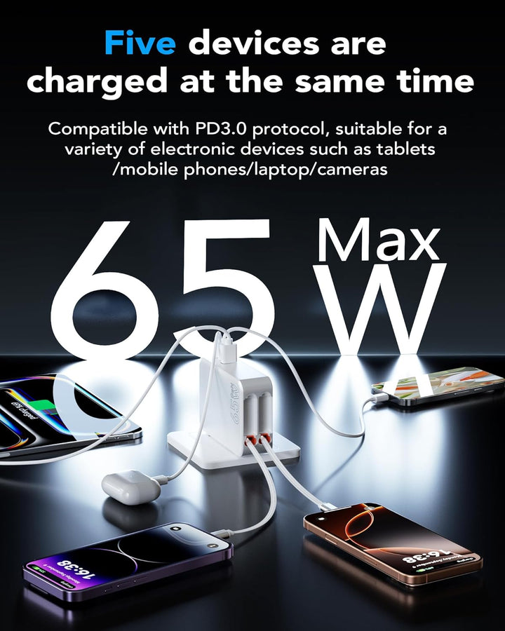 5 in 1 USB C Einziehbares Ladegerät 65W 3 Port Netzteil Schnellladegerät mit Einziehbarem Kabel,GaN