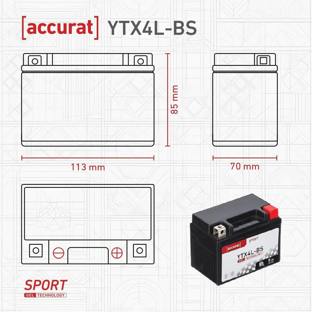 Accurat Motorradbatterie YTX4L-BS - 12V, 5Ah, 55A, zyklenfest, wartungsfrei, Gel - Starterbatterie,