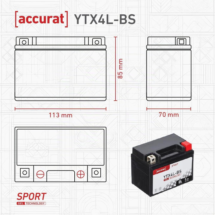 Accurat Motorradbatterie YTX4L-BS - 12V, 5Ah, 55A, zyklenfest, wartungsfrei, Gel - Starterbatterie,