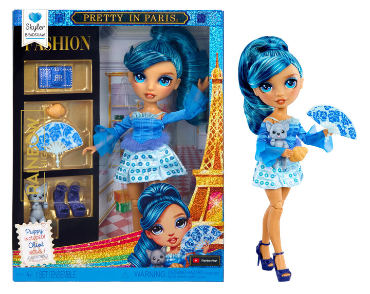 Rainbow High Pretty in Paris Modepuppe - Skyler Bradshaw - 28 cm grosse Modepuppe in Blau mit Welpen