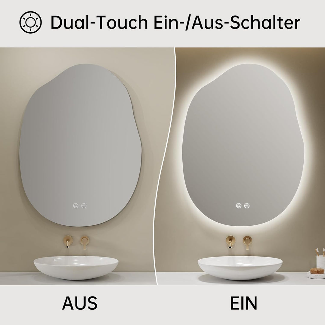 Spiegel mit Beleuchtung Asymmetrischer LED Badspiegel 60 x 80 cm mit Touch-Schalter, Dimmbar 3 Licht
