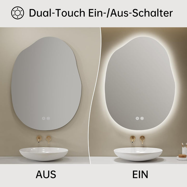 Spiegel mit Beleuchtung Asymmetrischer LED Badspiegel 60 x 80 cm mit Touch-Schalter, Dimmbar 3 Licht