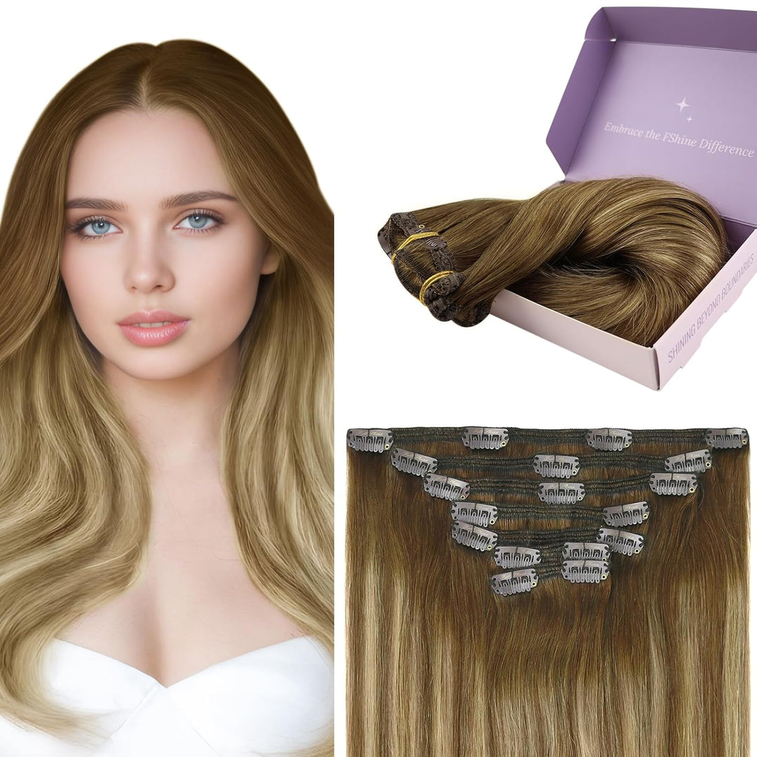 Fshine Echthaar Extensions Clip, 40cm 16 Zoll 120g 7 Stück BalayageSchokolade Braun Mxied Karamell B