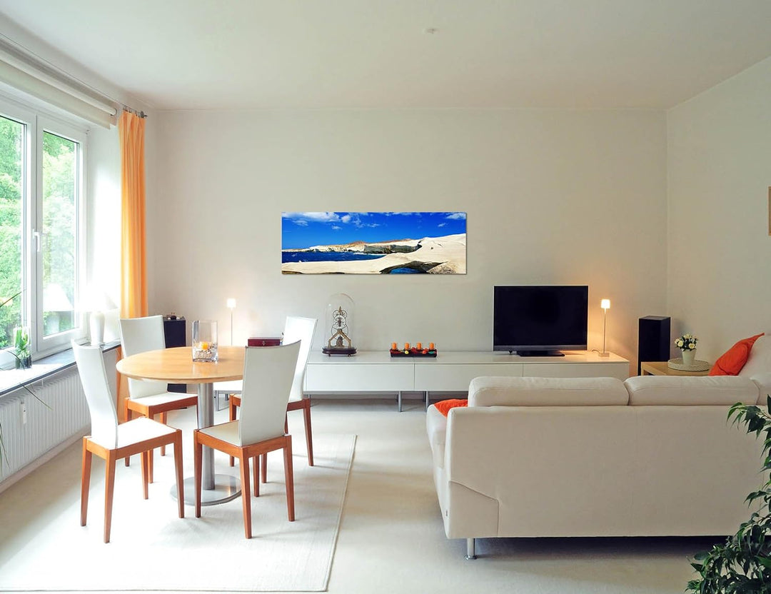 Paul Sinus Art Panoramabild auf Leinwand und Keilrahmen 150x50cm Griechenland Felsen Meer Himmel Som
