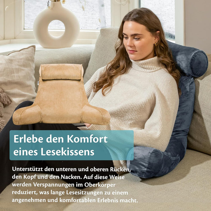 Ella Lesekissen für Bett und Sofa mit Abnehmbarer Nackenrolle - Rückenkissen Bett - Reading Pillow a