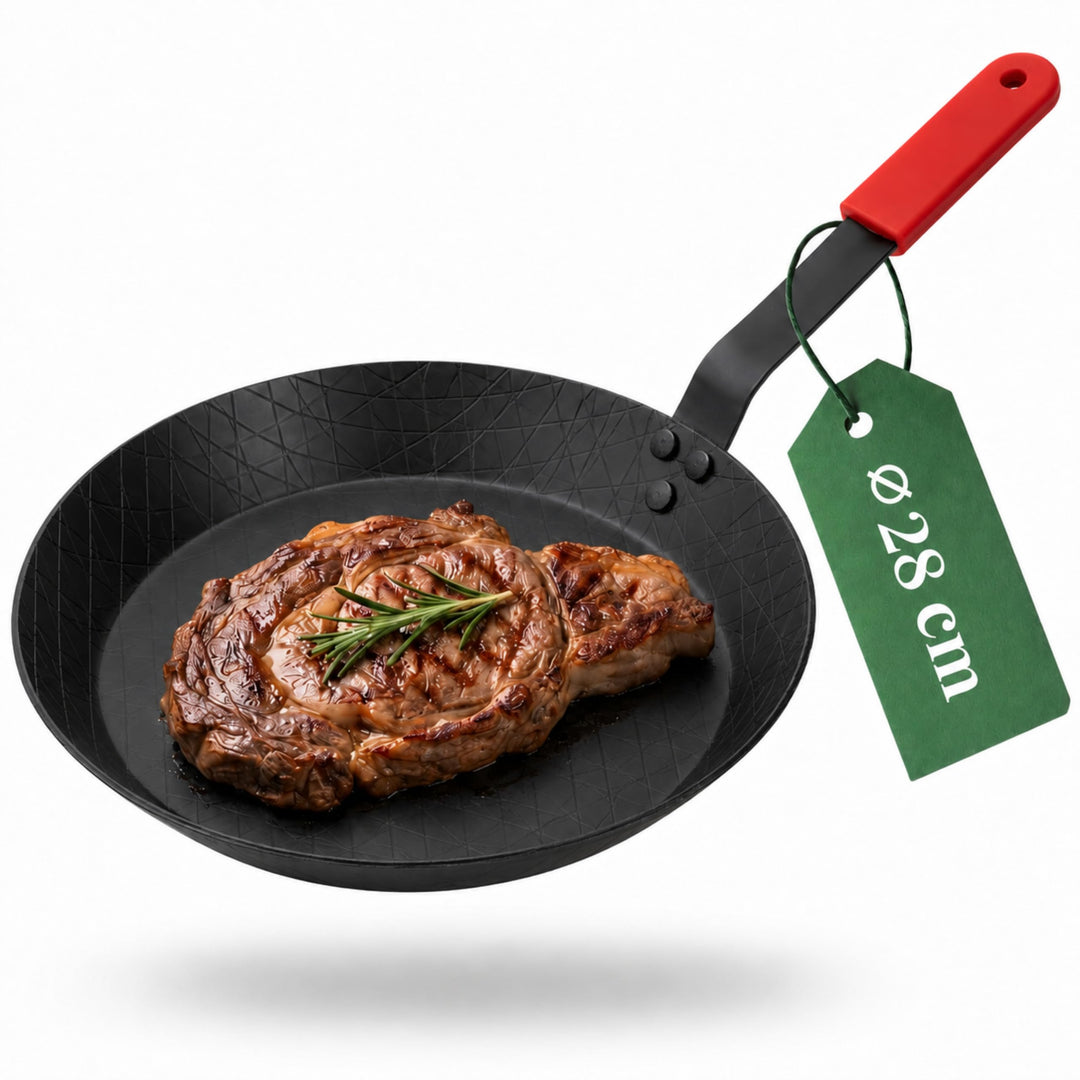 pasoli Steak-Pfanne aus Carbonstahl, voreingebrannt (mit Griffschutz) Steak-Pfanne mit Griffschutz,