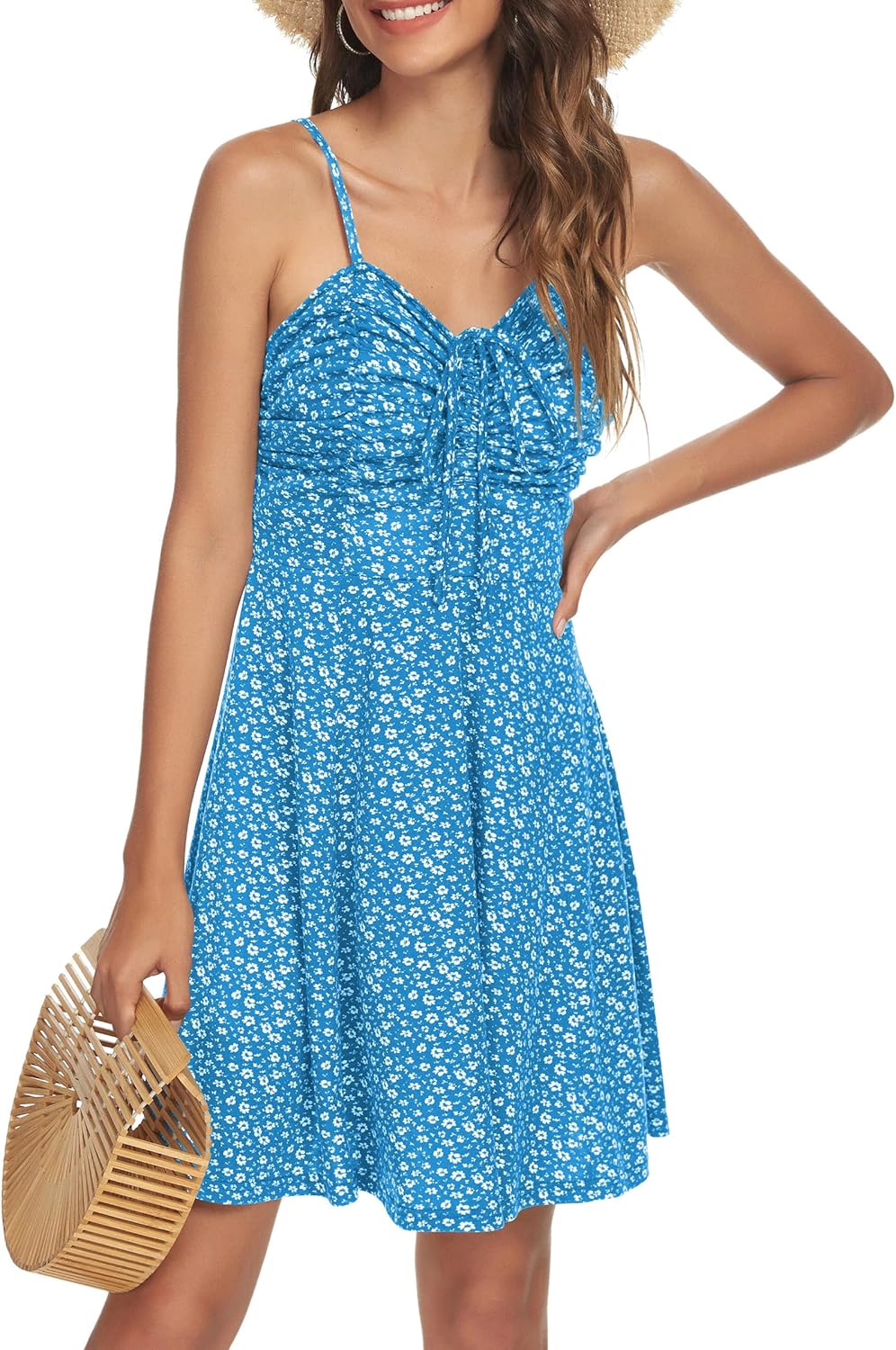 Missufe Damen Sommerkleid Swing Blumenkleid Freizeitkleid Spaghettiträger Cami Kleider XL Blau, XL B