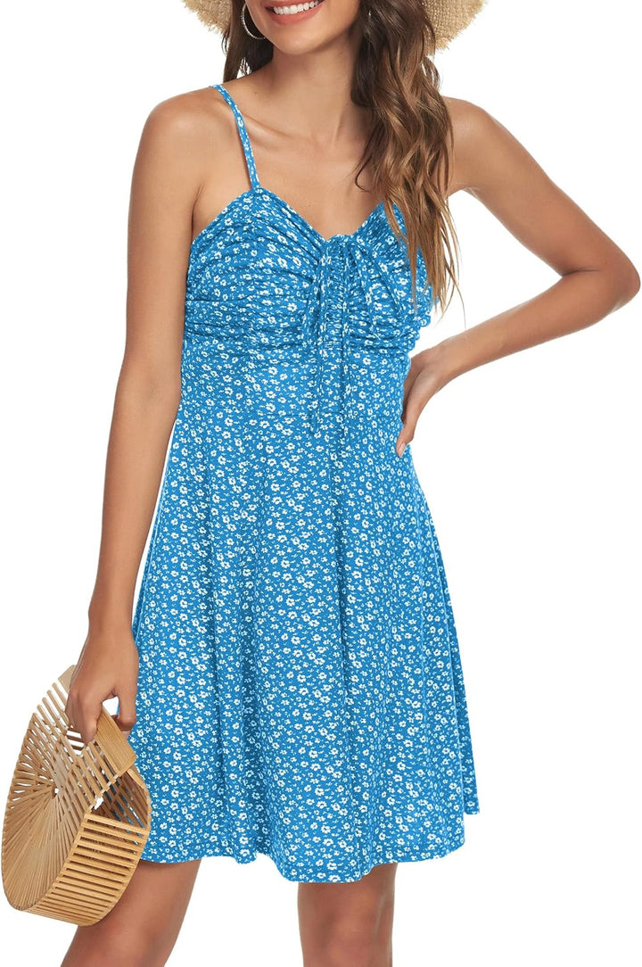 Missufe Damen Sommerkleid Swing Blumenkleid Freizeitkleid Spaghettiträger Cami Kleider L Blau, L Bla