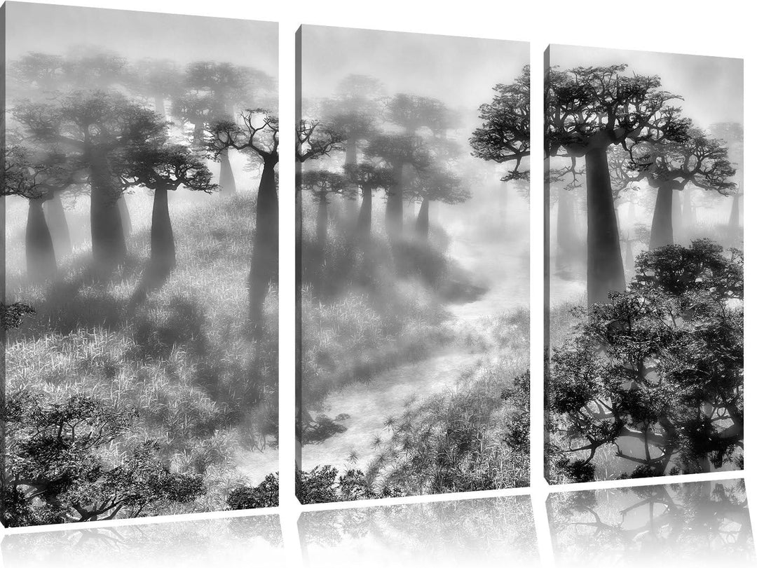 Pixxprint Mysteriöser Wald im Nebel als Leinwandbild/Grösse: 3 Teilig (120x80) cm/Wandbild/Kunstdruc