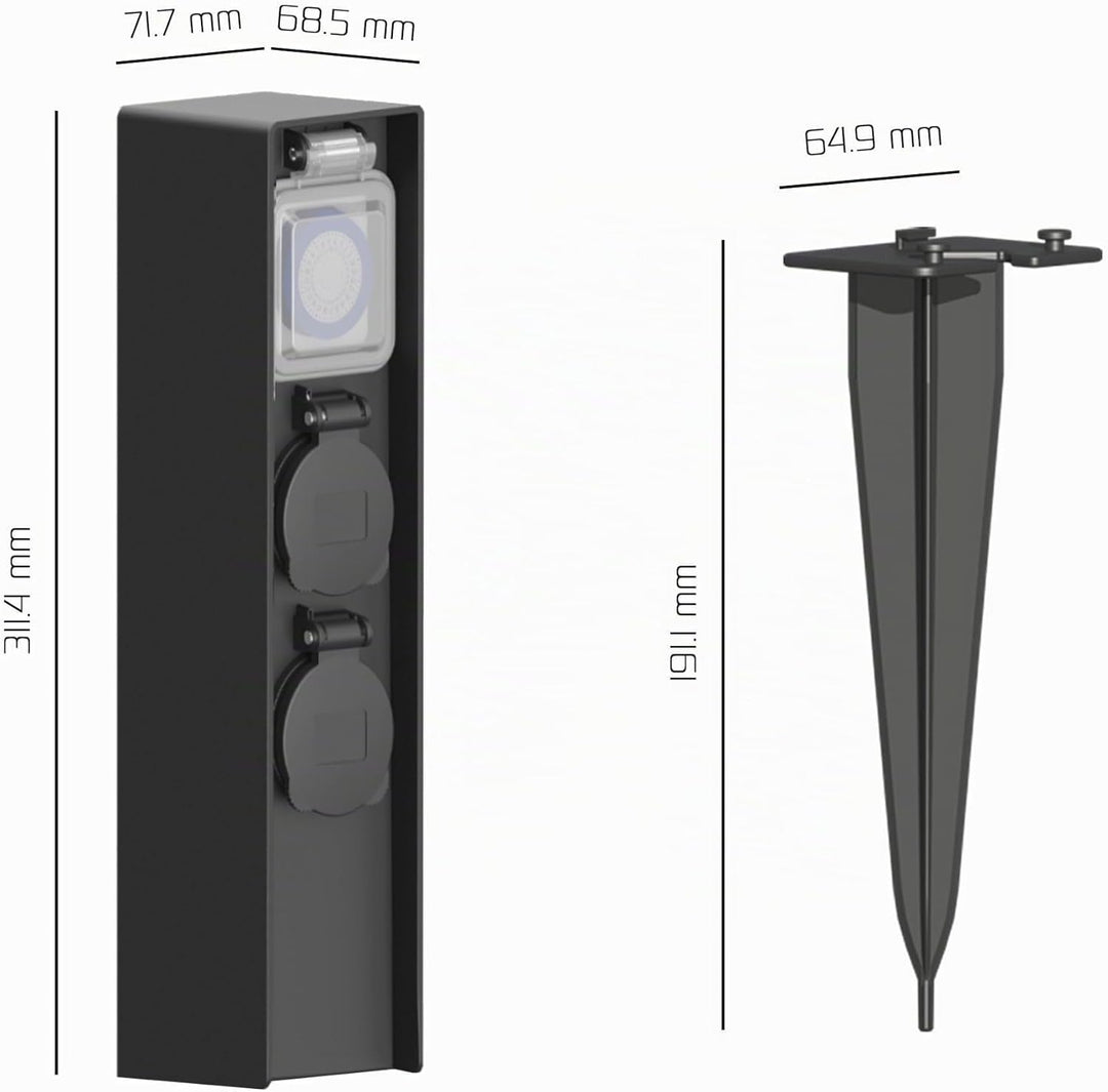 Ledvion - Aussensteckdose mit Pfahl, Inkl. Timer, 2 Steckdosen, Wasserdicht IP44, 3 Jahre Garantie