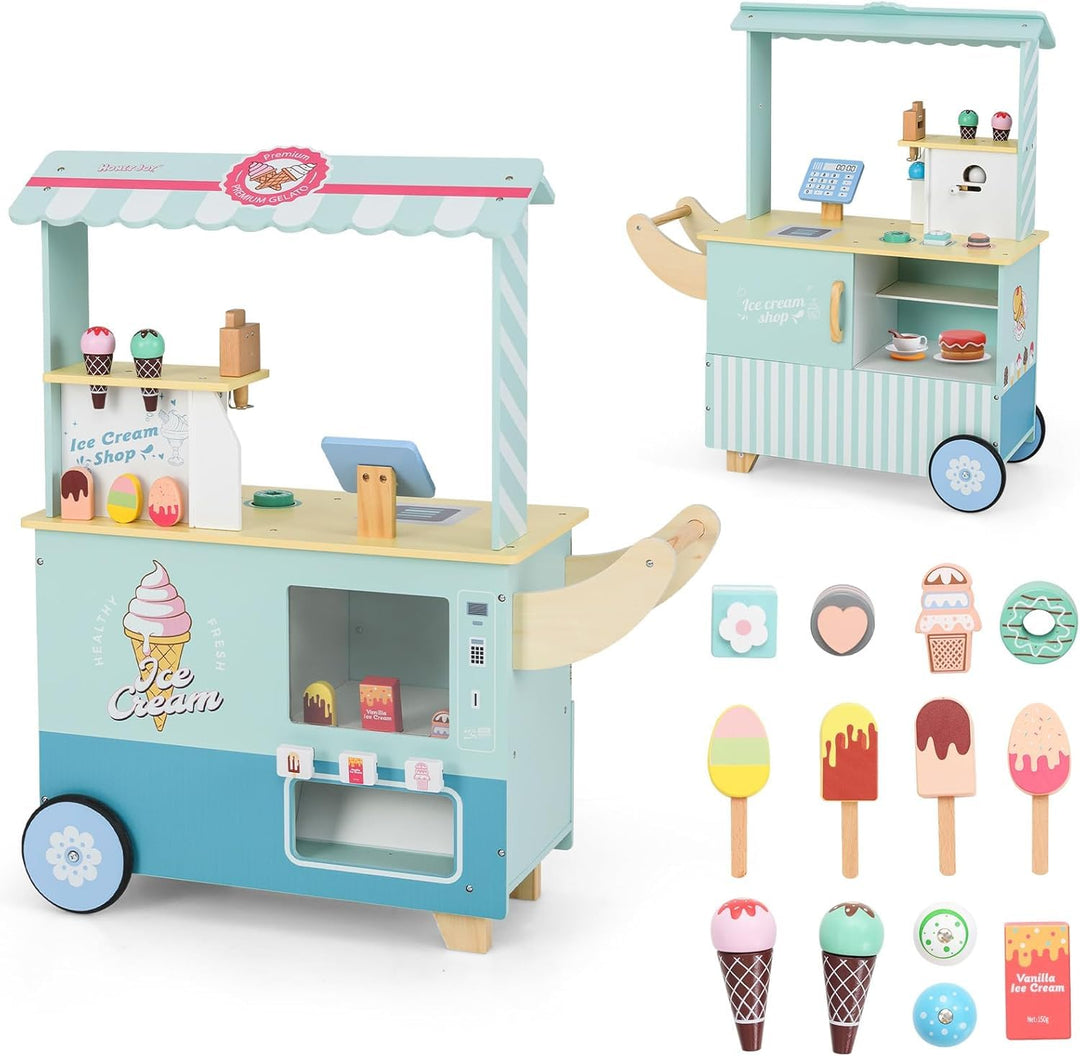 FANTASK Grün Eiswagen Kinde Kaufladen Holz mit 15 Zubehör & Eismaschine & Kasse & Scanner & Verkau,