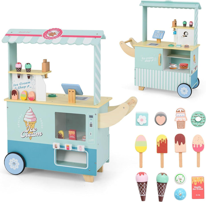FANTASK Grün Eiswagen Kinde Kaufladen Holz mit 15 Zubehör & Eismaschine & Kasse & Scanner & Verkau,