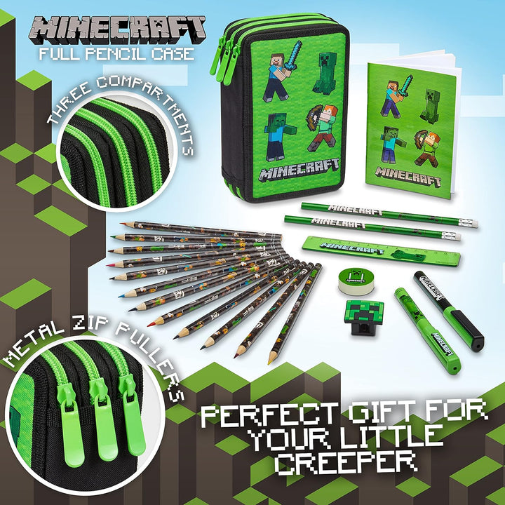 Minecraft Federmäppchen Jungen und Mädchen Mäppchen Gefüllt Creeper Federmappe mit Schreibwaren Game
