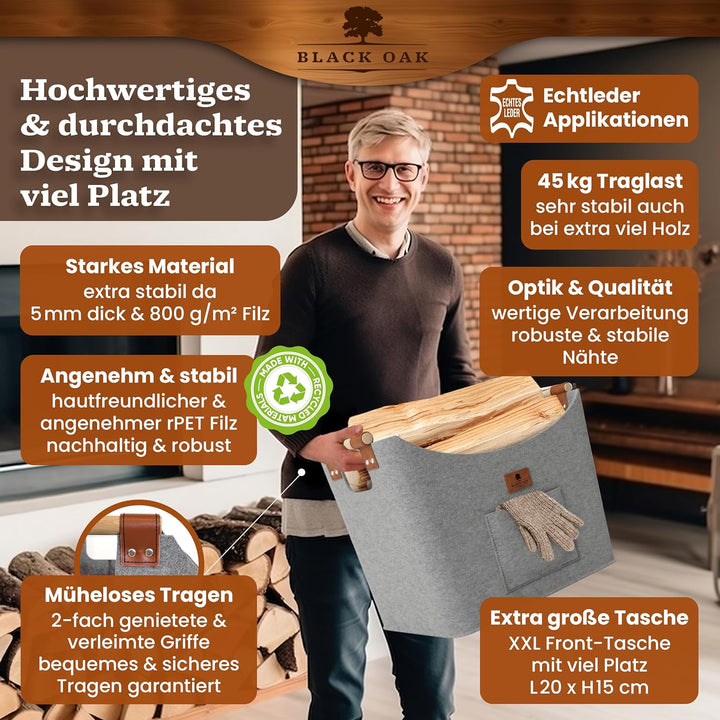 BLACK OAK Montana XL 60L Filzkorb &amp; Holzkorb für Kaminholz - Leder Applikation + rutschfeste Griffe