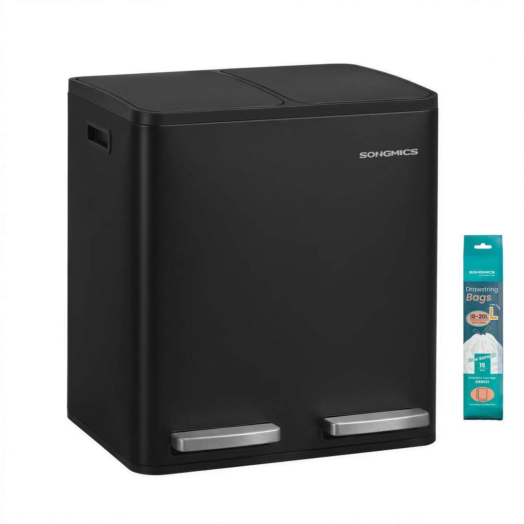 SONGMICS Mülleimer Küche, 2 x 15 L, Mülltrennsystem 2 Fächer, Abfalleimer mit 15 Müllbeuteln, Tretmü