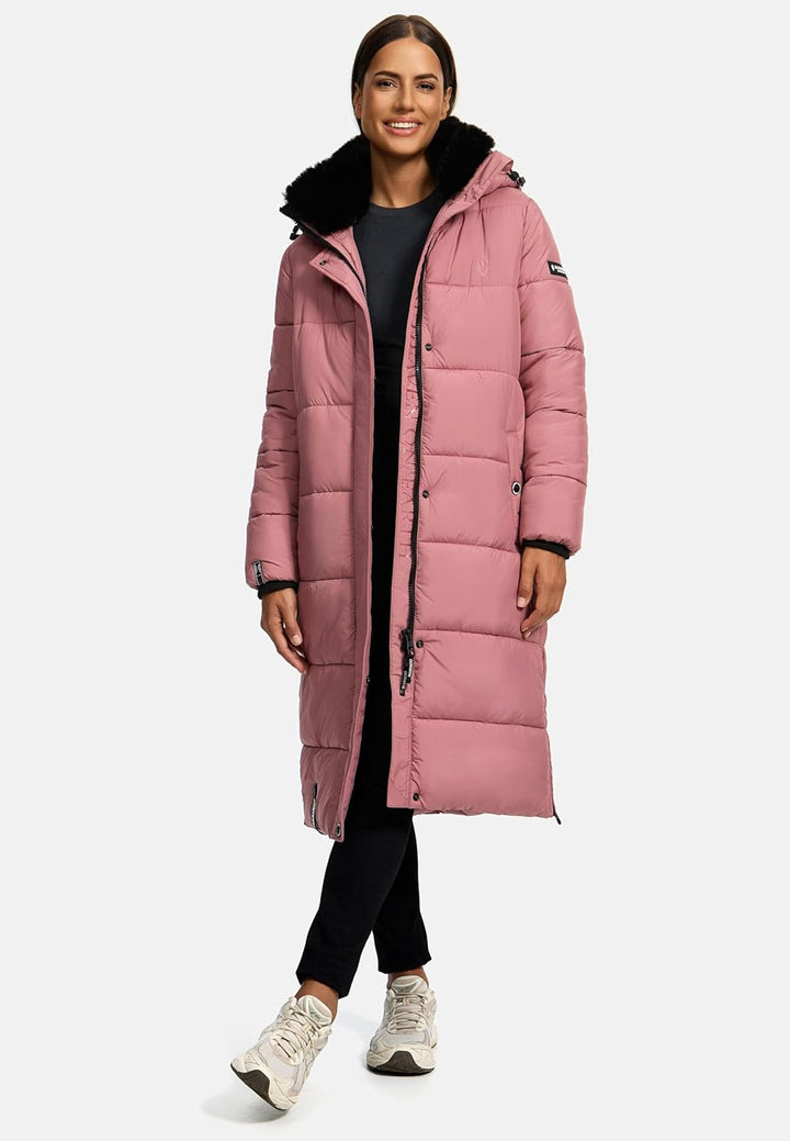 MARIKOO Damen Wintermantel warmer Steppmantel lang mit abnehmbarer Kapuze Reliziaa XS-3XL M Pastel P