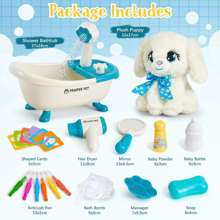 Hund Spielzeug Kinder, Hund Kuscheltier mit Drück-Wasser-Badewanne &amp; Waschbaren Buntstifte, Kreative