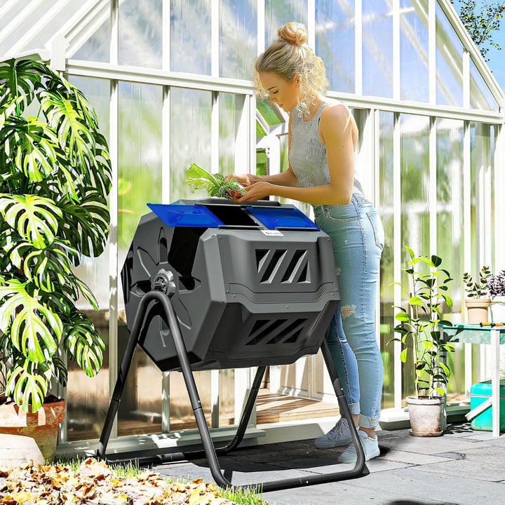 Outsunny Komposteimer für den Aussenbereich, 160 l, Doppelkammer, 360° drehbarer Komposter, Gartenko