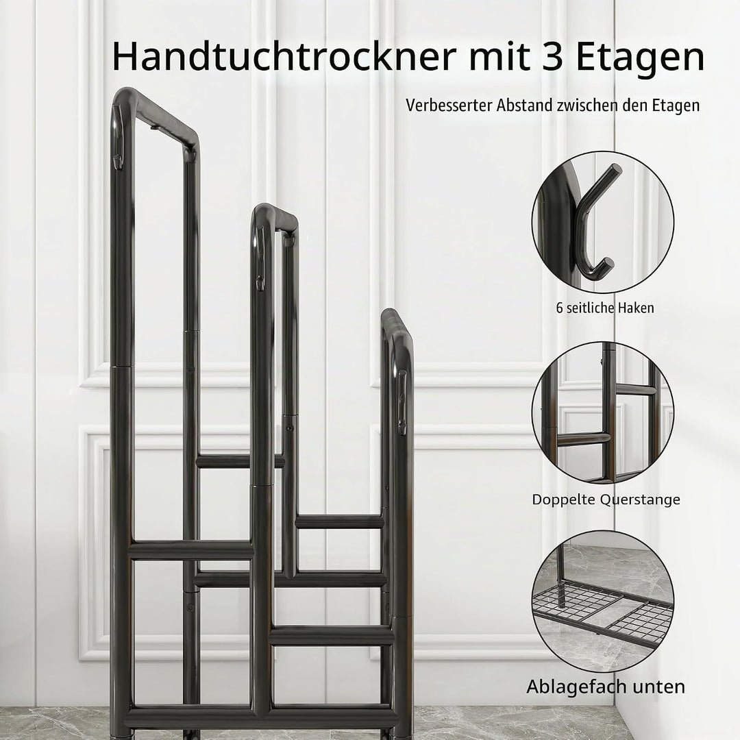 Handtuchhalter Stehend, Metall Handtuchständer mit 3 Stangen, Badetuchhalter mit 1 Ablagen, 6 Haken,