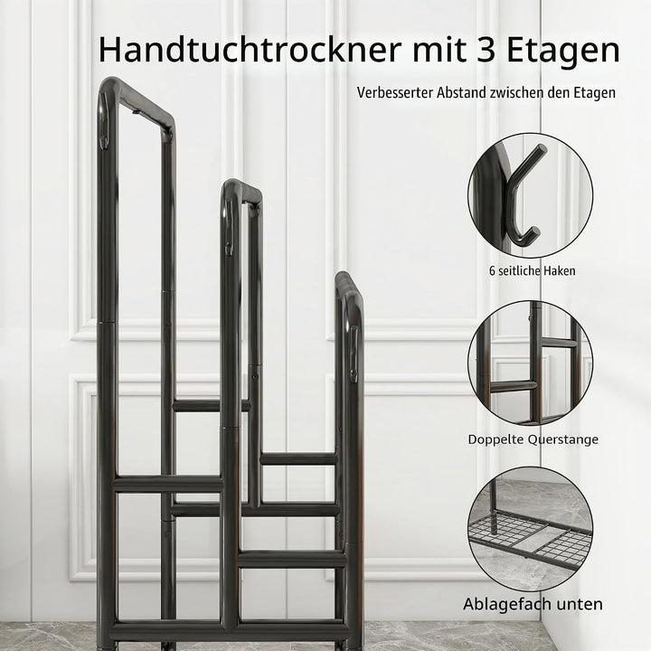 Handtuchhalter Stehend, Metall Handtuchständer mit 3 Stangen, Badetuchhalter mit 1 Ablagen, 6 Haken,