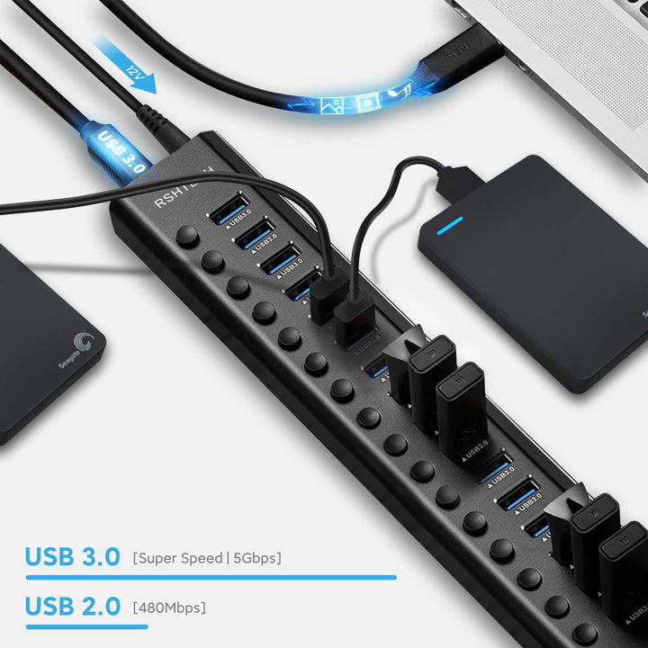 RSHTECH 16 Port USB Hub Aktiv 3.0 mit 100W Netzteil, Aluminium Multiport USB 3.0 Hub mit 12V/8.3A Ne
