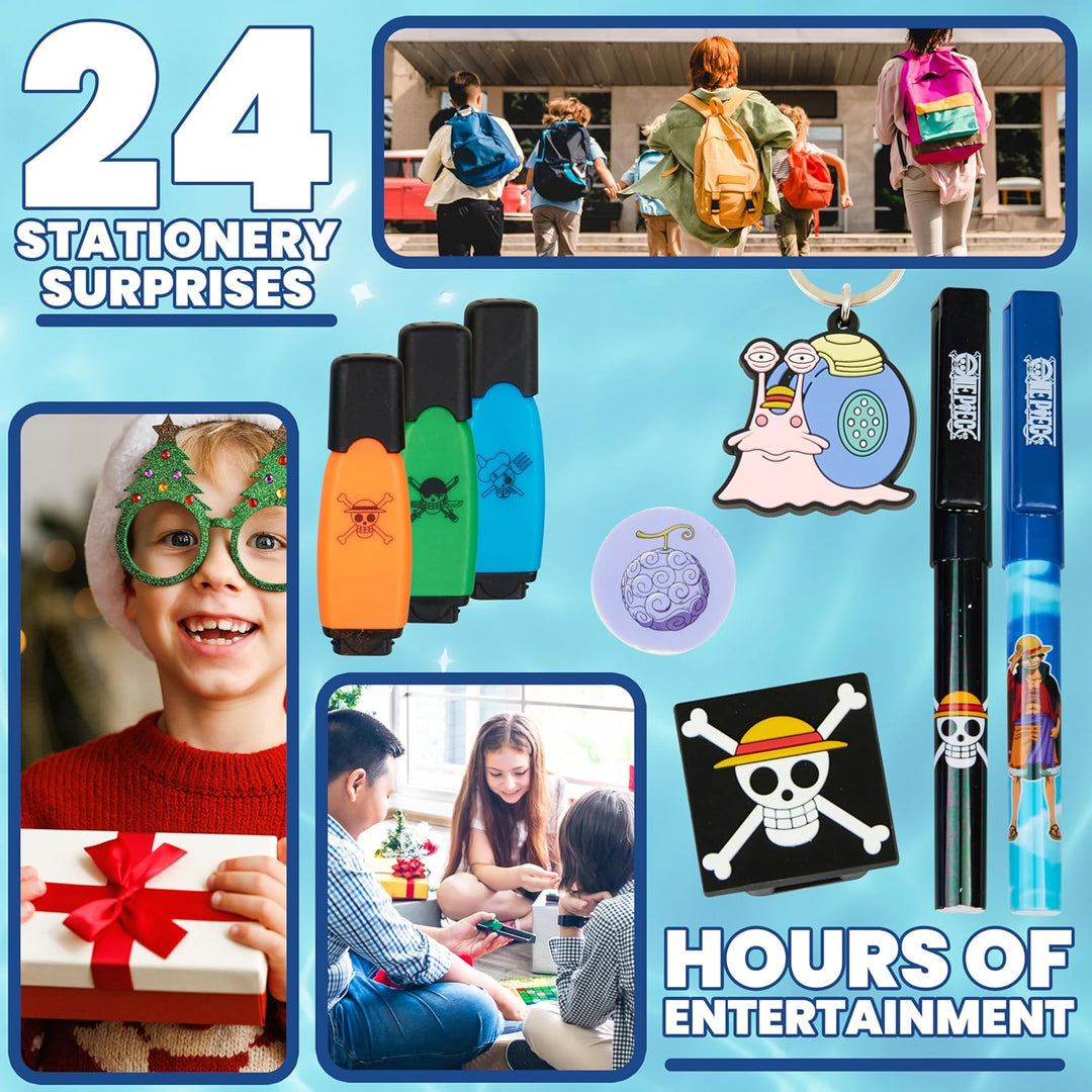 One Piece Adventskalender 2025 Kinder Weinachtskalender mit Sticker, Schreibwaren, Schlüsselanhänger