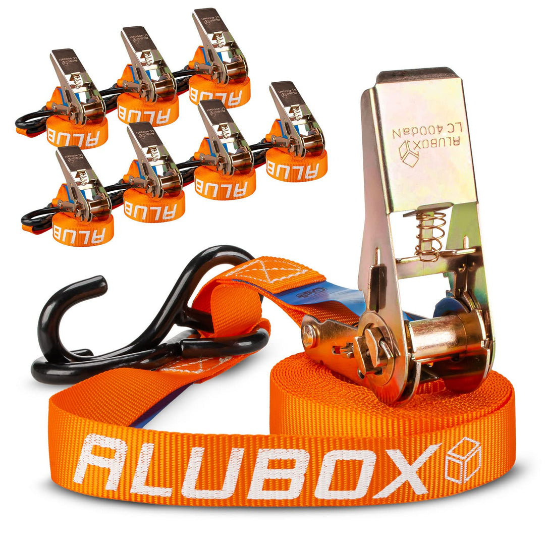 Alubox Spanngurt mit Ratsche und S-Haken 25mm breit orange Belastbarkeit 400kg Ratschengurt TÜV G/S