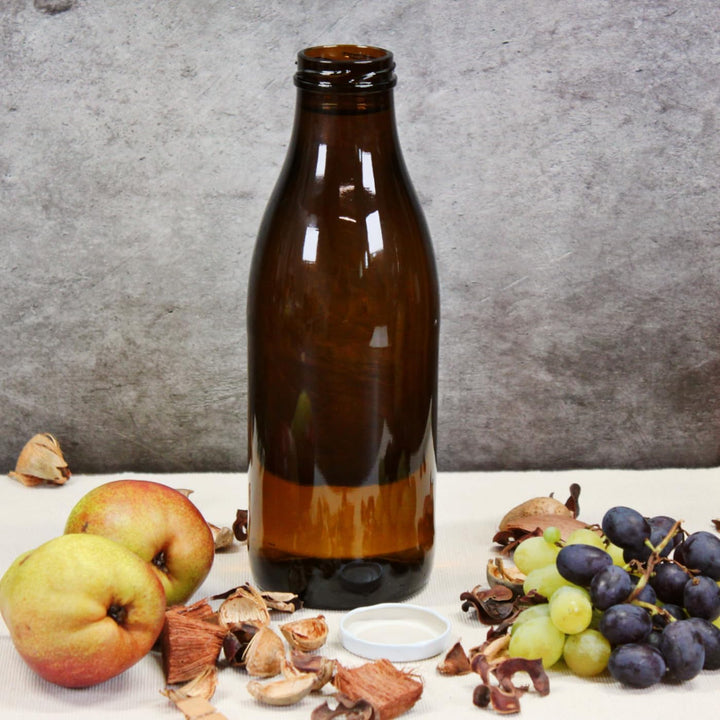 gouveo 20er Set Saftflasche 1000 ml Antik mit Schraubdeckel goldfarben - Braune Glasflasche 1 Liter