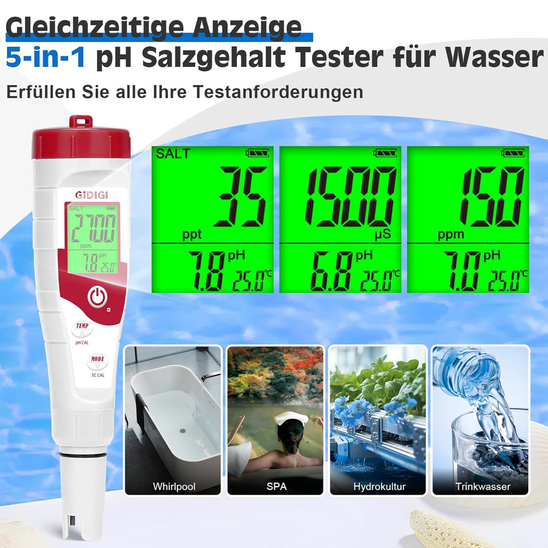Digitaler Salztester für Pools, pH-Salzgehaltmessgerät für Salzwasserpools mit 12,88 mS/cm Kalibrier