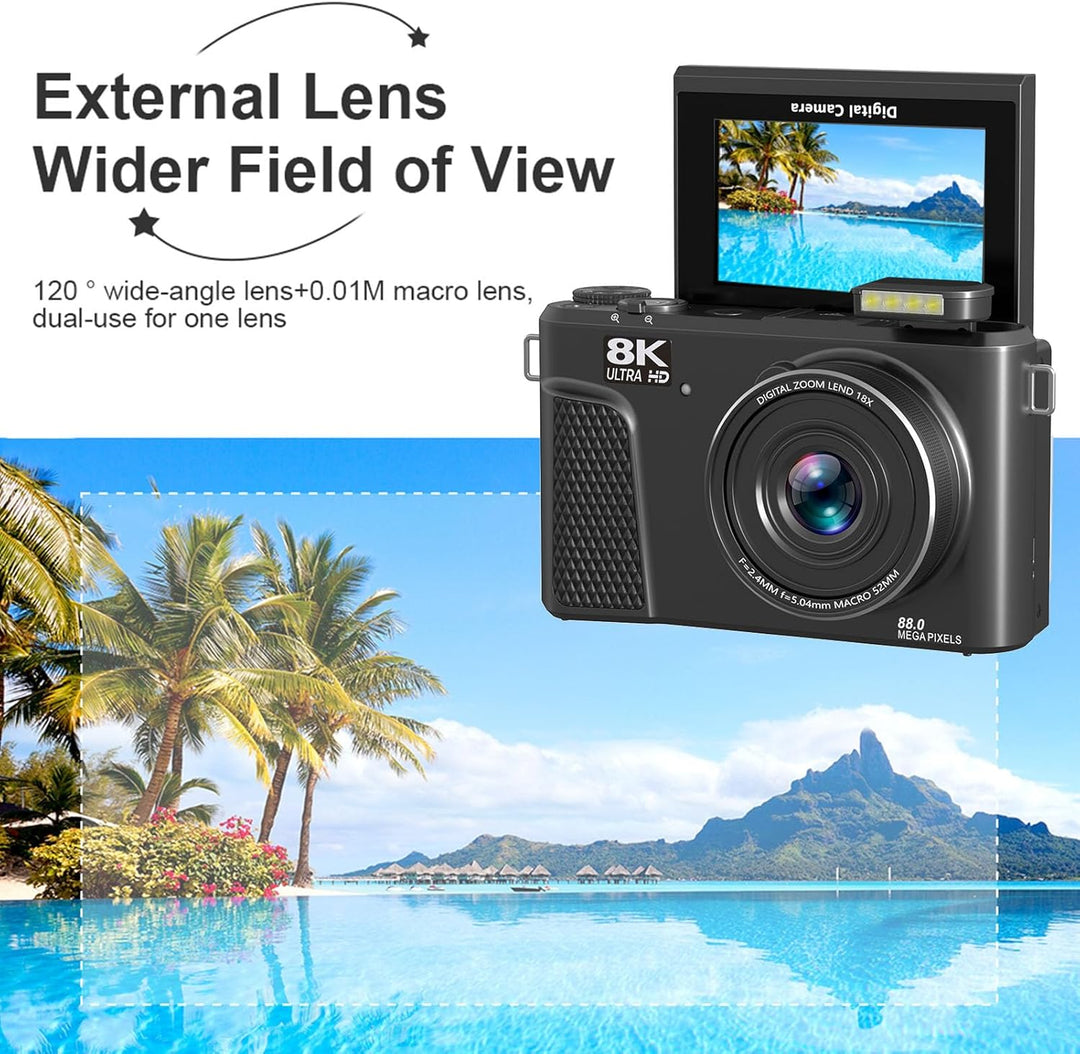 8K Digitalkamera für Fotografie, WiFi 88MP Vlogging -Kameras mit 3 "180 ° Flip -Bildschirm, Autofoku