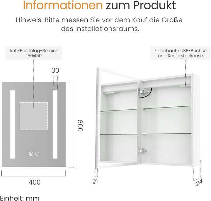 EMKE Spiegelschrank Bad mit Beleuchtung 40x60cm - 3 Dimmbare Lichtfarben, Antibeschlag, Steckdose, B