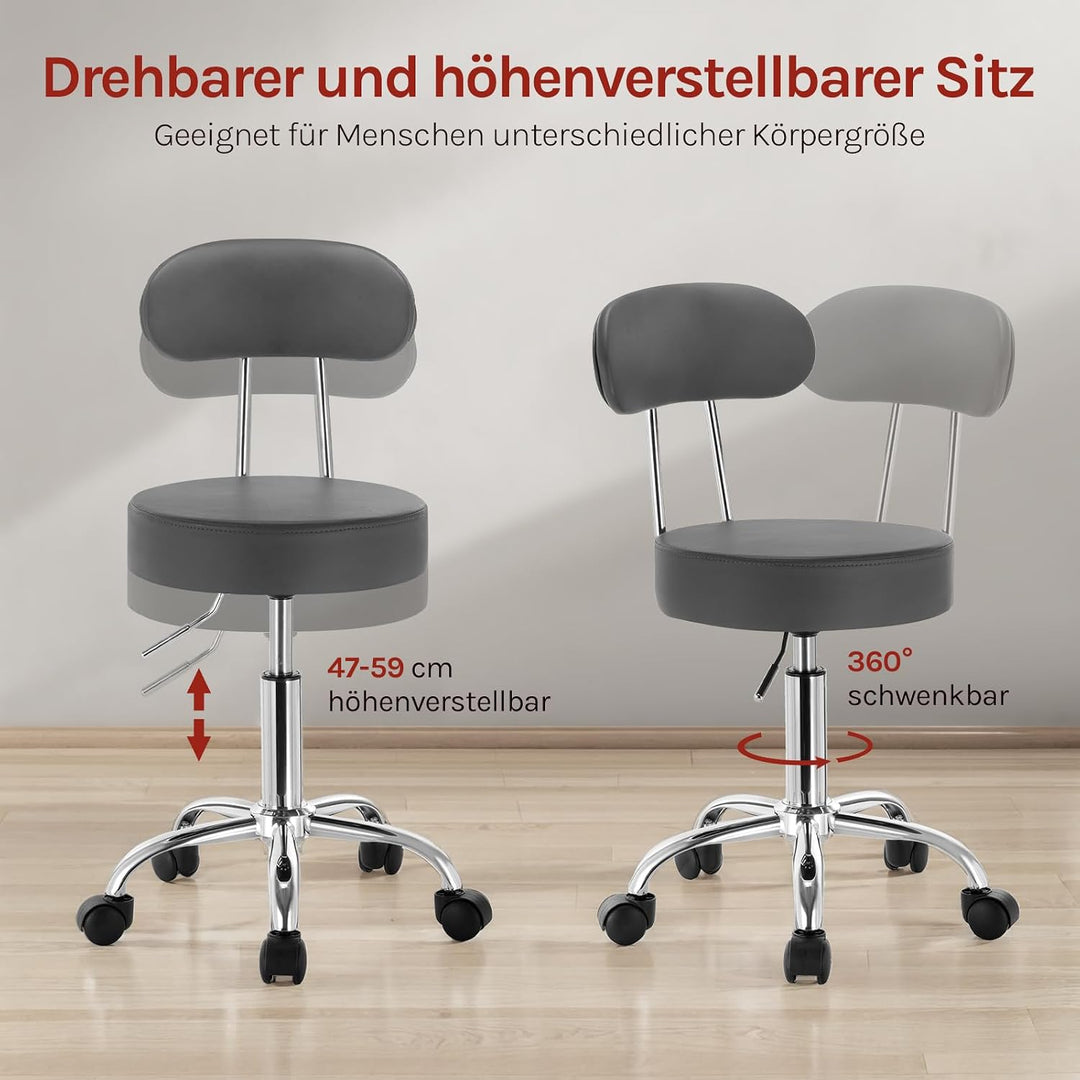 WOLTU Rollhocker, Hocker mit Rollen und Lehne, Kunstleder, Grau, Grau