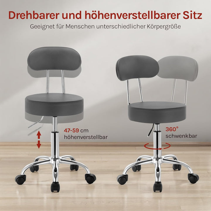 WOLTU Rollhocker, Hocker mit Rollen und Lehne, Kunstleder, Grau, Grau