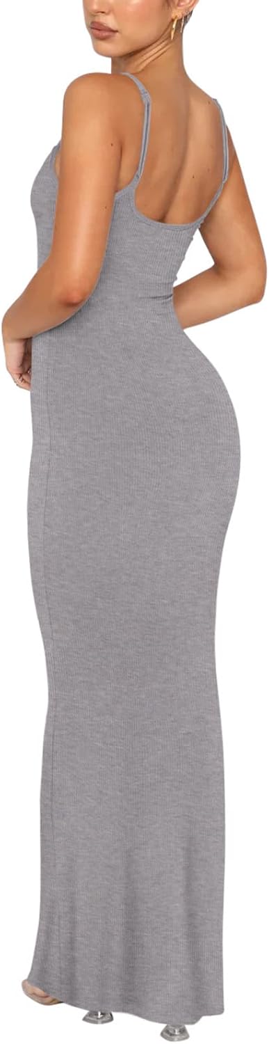 REORIA Damen Sexy Lounge Slip Langes Kleid Elegantes Hochzeitsgast ärmelloses rückenfreies Geripptes