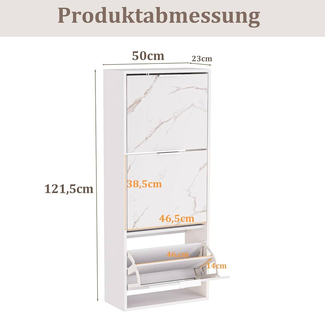 UEV Schuhschrank mit 3 Klappen Holz Schmal Marmormuster Schuhkipper Schuhkommode mit Kippschutz, Sch
