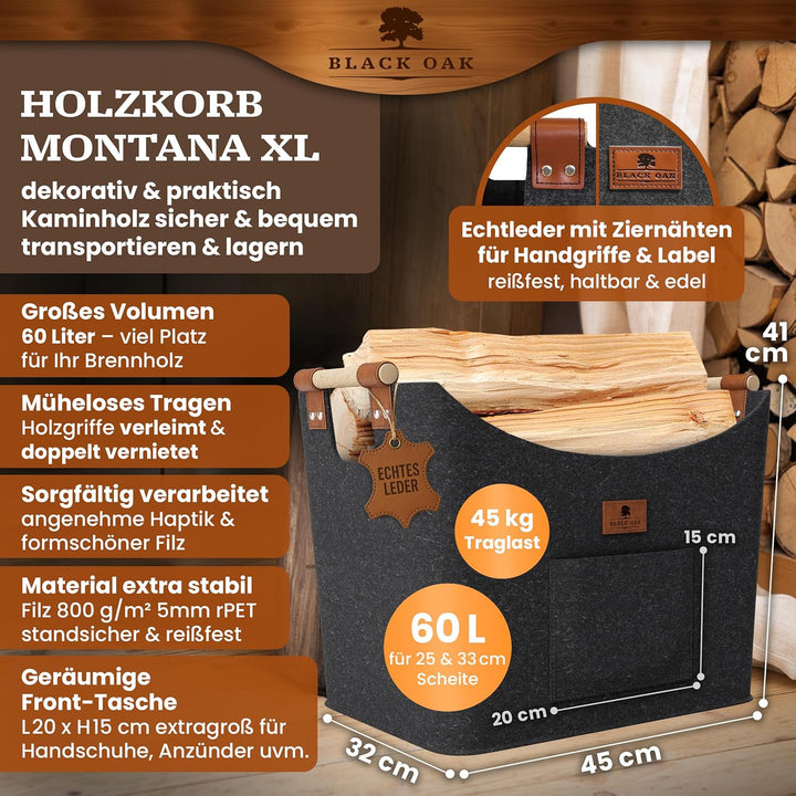 BLACK OAK Montana XL 60L Filzkorb &amp; Holzkorb für Kaminholz - Leder Applikation + rutschfeste Griffe