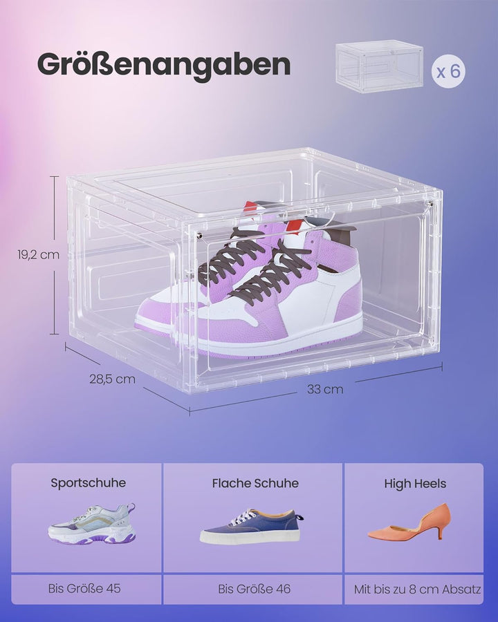SONGMICS Schuhboxen 6er Set, Schuh-Organizer durchsichtig, aus Kunststoff, mit Tür, stapelbar, 33 x