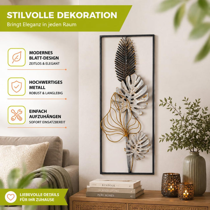 Kobolo Wandbild Monstera, 29x74x3 cm, Metall, schwarz-gold-weiss, modernes Metallbild, stilvolle Wan