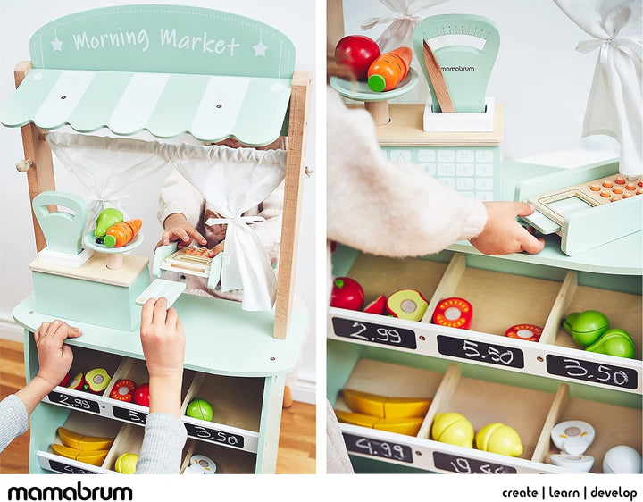 mamabrum 2-in-1 Kaufladen & Theater-Set, Holz-Marktstand mit Waage & Bezahlterminal, 16-teilbares Ob