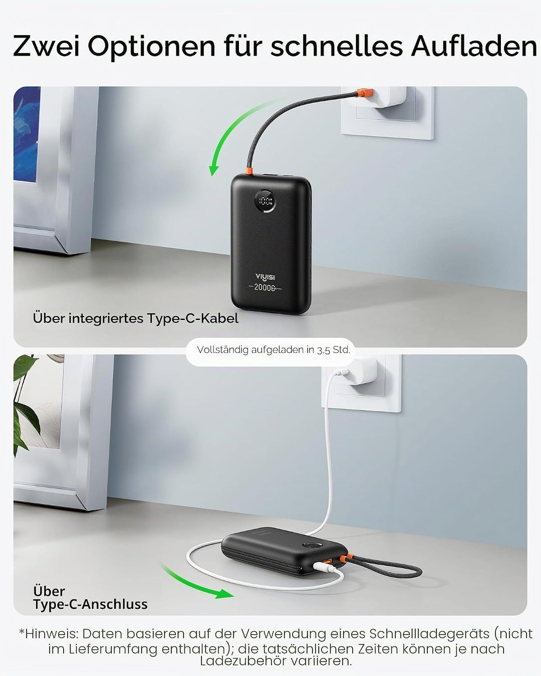 VIYISI Powerbank 20000mAh 30W mit Integriertem 2 Kabeln, Schwarz, Schwarz