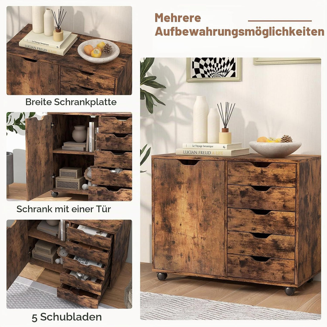 KOMFOTTEU Aktenschrank mit Rollen, Rollcontainer mit 5 Schubladen, Schubladenschrank Bürocontainer D