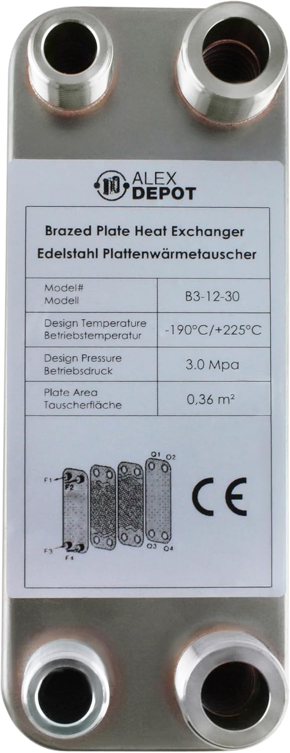 Edelstahl Plattenwärmetauscher B3-12-30 mit 2x1/2 & 2x3/4 Zoll Anschl. 65kW Heizung Solar (PWT)