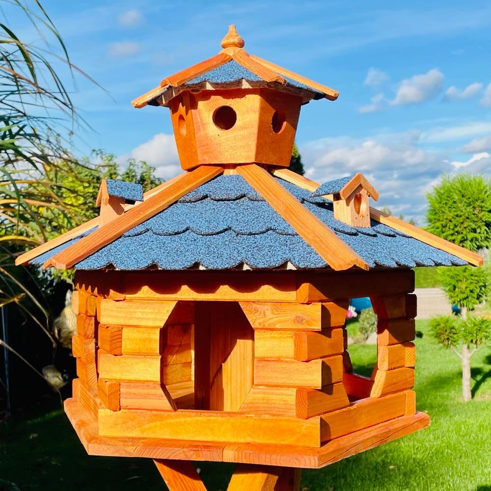 handgefertigtes Sechseck Vogelhaus aus Holz wetterfest M - XL mit und ohne Ständer, Futterhaus, Futt