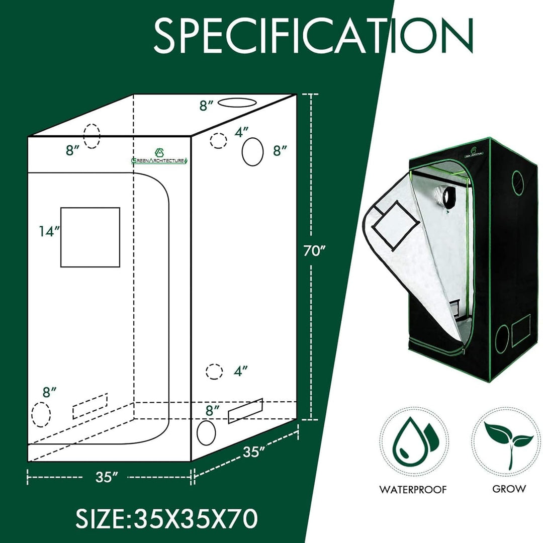 GreenArchitecture GA Grow Zelt 90x90x180 cm (35x35x70) Reflektierendes Mylar-Hydrokultur-Gewächshaus