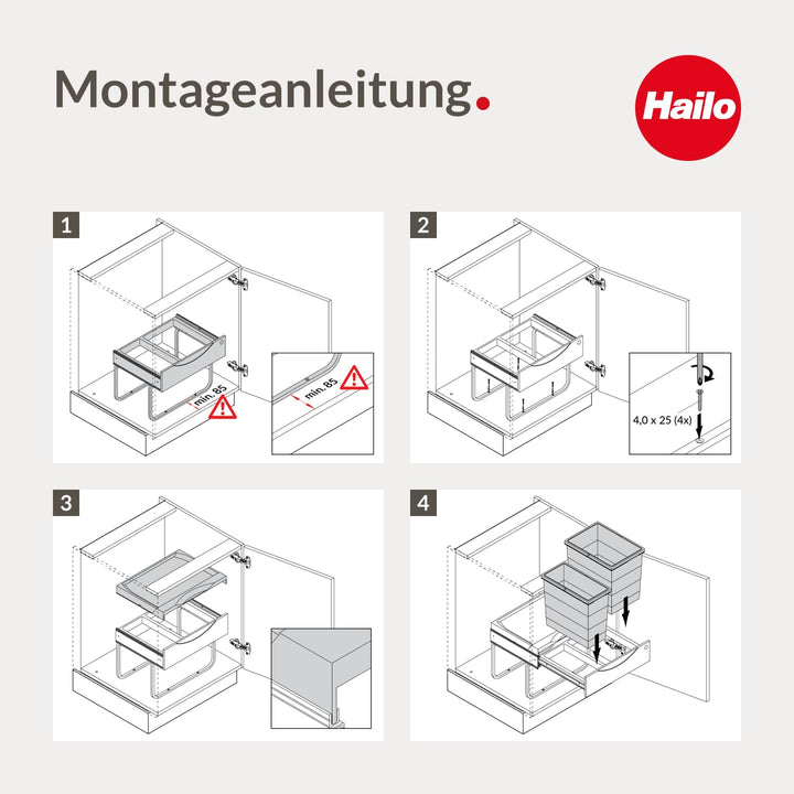 Hailo Abfallsammler 3644911 | 3fach Raumspar Tandem Abfalltrennsystem | 2x 8 + 12L Inneneimer im Tel